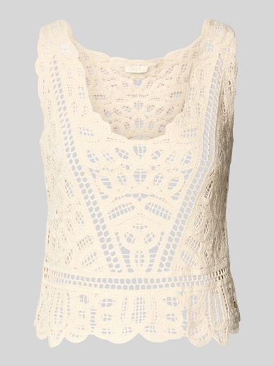 Produktfoto, Tanktop aus Häkelspitze Modell 'OCTAVIA' von Guess, Damen Tanktop aus reiner Baumwolle in Slim-Fit, cremefarben, Struktur- und Lochmuster, Rückenlänge bei Größe S: 39 cm.