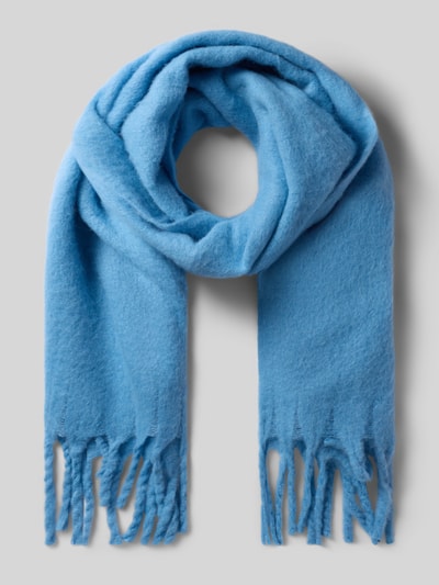 Productfoto, rechthoekige blauwe sjaal met franjes, labeldetail, model 'ZINACO' van American Vintage, breedte 47 cm