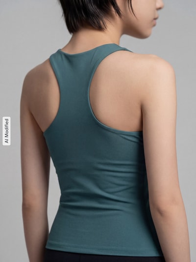 Frauenmodel trägt Slim Fit Sport-Top mit Logo-Print von PUMA Performance in Grün mit glatter Struktur, Ganzkörperansicht Rückansicht.