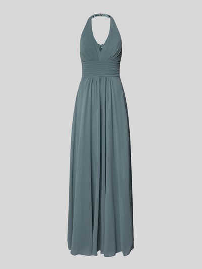 Produktfoto, Neckholder-Maxikleid mit V-Ausschnitt von Mascara aus Chiffon in sanftem Blau, Taillierter Schnitt, weich fallender Stoff, Rückseite, Rückenlänge bei Größe 36: 127 cm, Brustweite bei Größe 36: 35 cm.