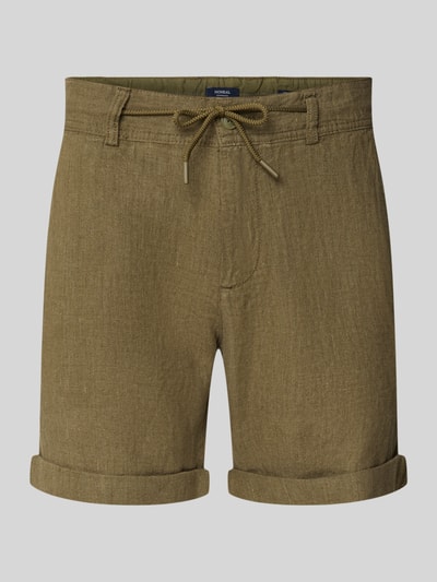 Produktfoto, Leinenshorts mit Bindegürtel und Gesäßtaschen von MCNEAL in Olivgrün, Reine Leinen, Straight Fit, Knopf-Reißverschluss, Aufschlag, Label-Stitching, Bundweite 45 cm, Innenbeinlänge 16 cm.