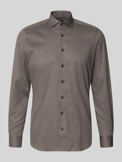 Produktfoto, Body Fit Businesshemd aus Baumwoll-Mix von OLYMP Level 5, feines Muster in Braun und Schwarz, glatte Textur, neutrale Ansicht.