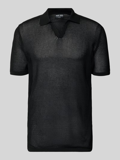 Produktfoto, Slim Fit Poloshirt mit V-Ausschnitt von Antony Morato, schwarz, grobmaschige Textur, Baumwoll-Modal-Mix, kurze Ärmel, Herrenmode