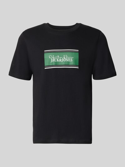 Produktfoto, Regular Fit T-Shirt mit Logo-Print Modell 'Buster' von JACK & JONES aus Reine Baumwolle, schwarze Grundfarbe, grüne Logo-Print Applikation, Herren T-Shirt, Rückenlänge bei Größe M 71 cm.