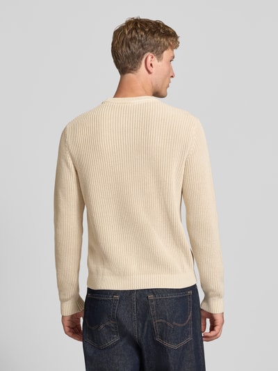 Männermodel trägt beigefarbenen Regular Fit Pullover aus reiner Baumwolle Modell 'DORIAN CREW' von Pepe Jeans, Herren Pullover, Ganzkörperansicht Rückansicht.