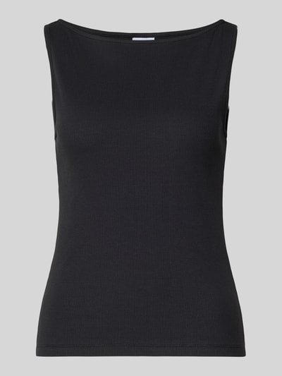 Produktfoto, Slim Fit Tanktop aus Baumwoll-Mix Modell 'MAY' von PIECES in Schwarz, unifarben, Rippstruktur, schmale Träger, U-Ausschnitt.