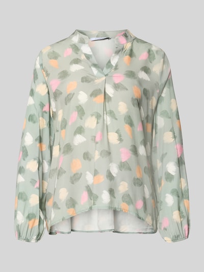 Produktfoto, Regular Fit Bluse aus reiner Viskose Modell 'Hilga' von ZABAIONE, Damen Bluse, pastellgrün mit buntem Pinselstrich-Muster, Tunika-Kragen, Langärmeliges Design, elastische Ärmelabschlüsse, glatte Textur, Rückenlänge bei Größe S: 62 cm, Ärmellänge bei Größe S: 60 cm.