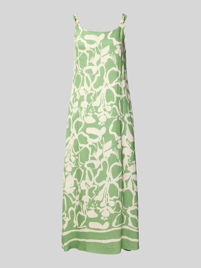 Produktfoto, midi-jurk van viscosemix model 'El44ora' van ZABAIONE, all-over look groen crème, A-lijn, ronde hals, parels