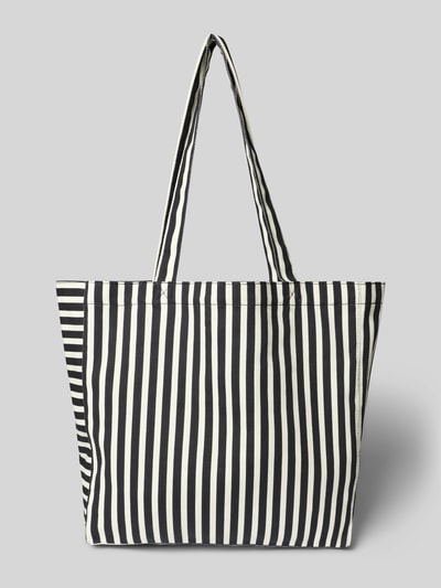 Produktfoto, Shopper aus Baumwolle mit Logo Modell 'Boutiqno Athene' von MADS NØRGAARD, schwarz-weiß gestreift, grobe Struktur, großes offenes Hauptfach, stabile Tragehenkel, Maße: 37 x 35 x 11 cm, Schulterriemen 61 cm.