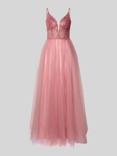 Produktfoto, Abendkleid mit Pailettenbesatz von Hey Kyla in Rosa mit ausgestelltem Tüllrock, taillierte Passform, Spaghettiträger, Nahtreißverschluss, blickdichtem Unterrock, tiefem V-Ausschnitt, Rücklänge Größe 36: 120 cm, Brustweite 35 cm, glänzende und transparente Texturen, schimmernde Pailetten am Oberteil.