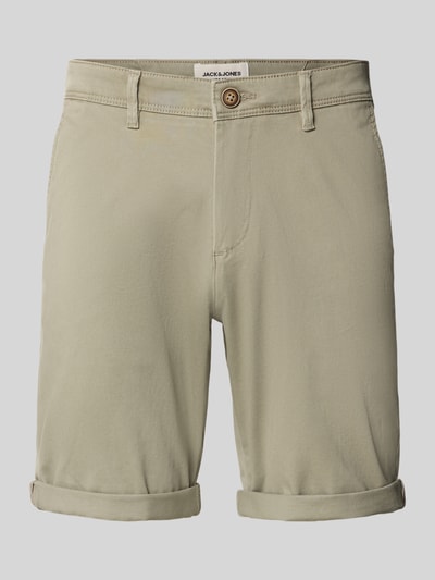 Produktfoto, Regular Fit Shorts mit Eingrifftaschen Modell 'BOWIE' von Jack & Jones aus Baumwoll-Elasthan-Mix in Beige mit Umschlag, Bundweite 43 cm, Innenbeinlänge 26 cm, glatte Oberfläche, klare Linien.