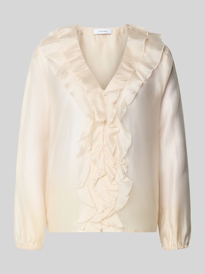 Produktfoto, Regular Fit Bluse aus Lyocell-Mix mit Volants von comma in hellem Beige mit V-Ausschnitt und langen Ärmeln, glatte Textur