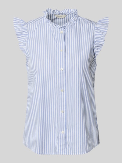 Produktfoto, Regular Fit Bluse mit Stehkragen und Rüschen von Gant aus reiner Baumwolle mit blauen und weißen Streifen, Knopfleiste, Rückenlänge 60 cm bei Größe 36