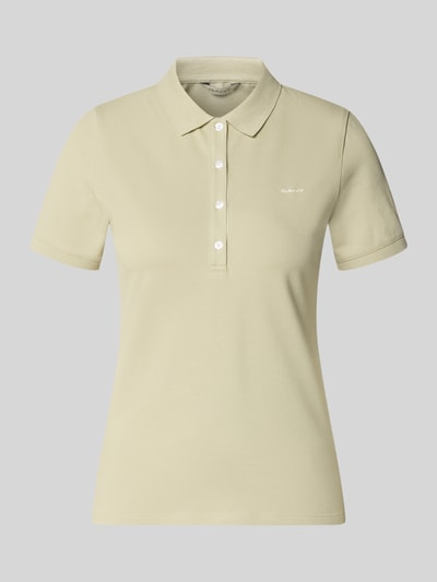 Produktfoto, Slim Fit Poloshirt mit Label-Stitching von Gant aus Baumwoll-Elasthan-Mix, Damen Poloshirt, Knopfleiste, Rückenlänge 59 cm bei Größe S, beige, glatte Struktur