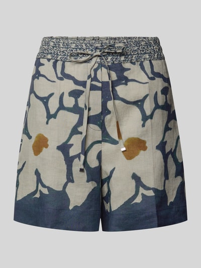 Produktfoto, Shorts aus Ramie im Allover-Look von Luisa Cerano in Blau, Weiß und Gelb, Regular-Fit, Schnürung, Bundweite 41 cm, Innenbeinlänge 12 cm
