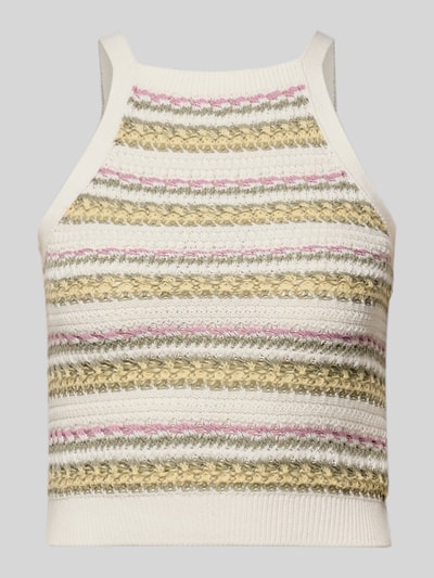 Produktfoto, Cropped Stricktop in Jacquard-Strick von Review, Streifenmuster, bunte Farben, Reine Baumwolle, Rückenlänge 42 cm bei Größe S.