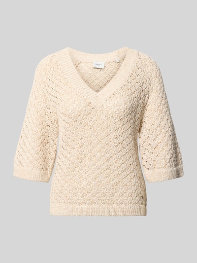 Produktfoto, Boxy Fit Strickpullover aus Baumwoll-Mix Modell 'AMBER' von Pepe Jeans w kolorze beżowym, fakturowany wzór, ażur, mieszanka bawełny, aplikacja z metką