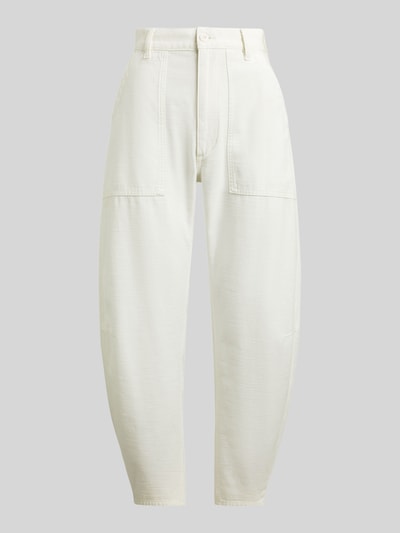 Produktfoto, Tapered Stoffhose aus reiner Baumwolle von Polo Ralph Lauren in unifarbenem Weiß, High Waist, seitliche Riegel, strukturierte Oberfläche