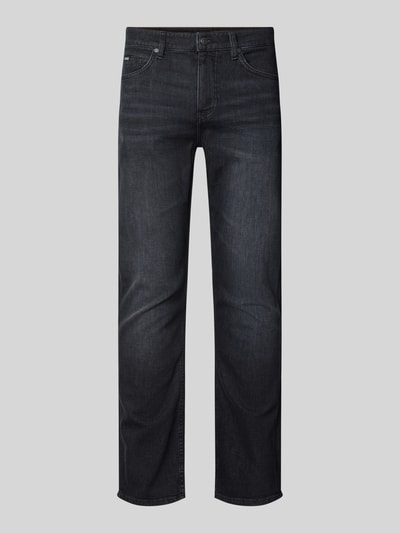 Produktfoto, schwarze Slim Fit Jeans aus Baumwoll-Mix Modell 'Delaware' von BOSS, Herren Straight Fit Jeans, glatte Oberfläche, dezente Waschung