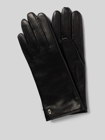 Produktfoto, schwarze, glatte Handschuhe aus echtem Leder Modell 'HAMBURG' von Roeckl, Woll-Kaschmir-Innenfutter, Label-Detail, eingefasste Abschlüsse