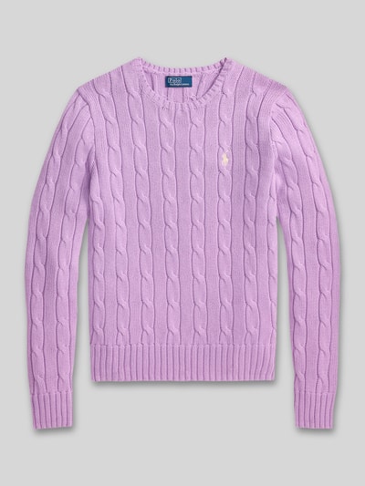Produktfoto, Strickpullover mit Zopfmuster Modell 'JULIANNA' von Polo Ralph Lauren in Flieder, reine Baumwolle, Rundhalsausschnitt, Slim Fit