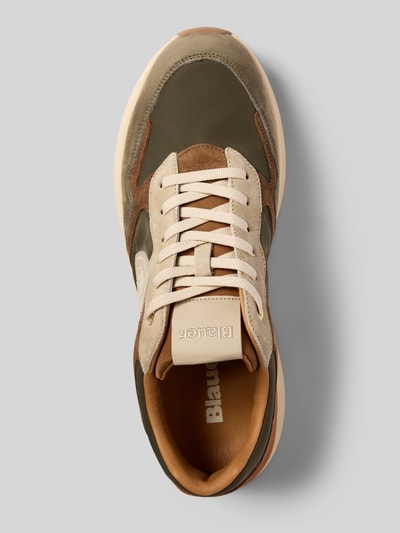 Produktfoto, Sneaker mit Label-Patch und -Prägung Modell 'LANDER02' von Blauer USA, abgerundeter Saum, Schnürverschluss, profilierte Sohle, beige-braun-grün, Herren, Absatzhöhe 7 cm, Schafthöhe 7 cm, Schaftweite 7 cm.