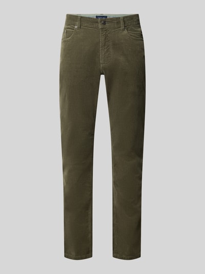 Produktfoto, Cordhose aus Baumwoll-Mix im 5-Pocket-Design von Christian Berg Men in Olivgrün, schlanker Schnitt, sichtbare feine Cordstruktur