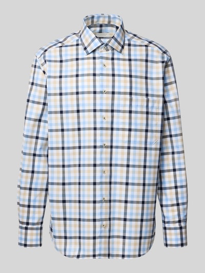 Produktfoto, Regular Fit Business-Hemd mit Kentkragen von ETERNA, kariert in Blau, Beige und Weiß, reine Baumwolle, langärmelig, Sportmanschetten