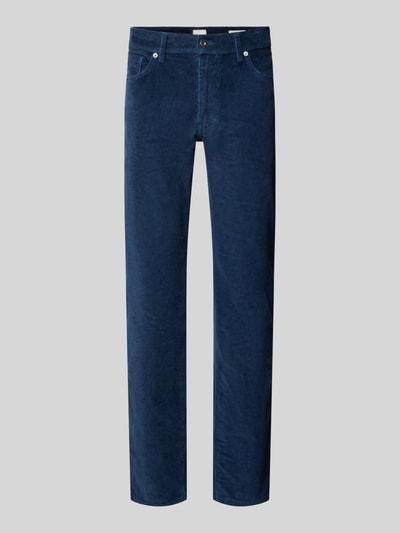 Produktfoto, gerade geschnittene blaue Cordhose mit feiner Rippenstruktur, Straight Fit Cordhose aus Baumwoll-Mix Modell 'Mythos Flex Cord' von Brax, Herren Cordhose