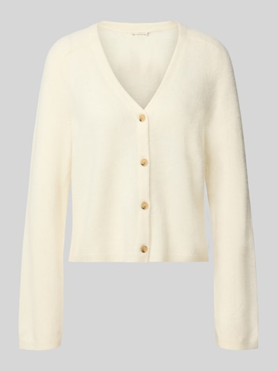 Productfoto, Strickjacke aus Leinen-Kaschmir-Mix mit V-Ausschnitt van MM by Max Mara, regular fit, crèmekleur, fijne textuur, knoopsluiting, ruglengte maat M 51 cm, mouwlengte maat M 59 cm.