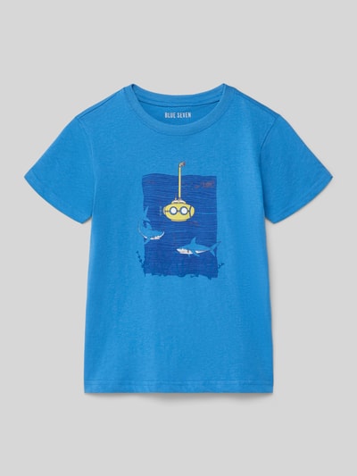 Produktfoto, T-Shirt mit Motiv-Print und Rundhalsausschnitt von Blue Seven in Blau, Hai- und U-Boot-Print, reine Baumwolle, Regular Fit, Rückenlänge 42 cm bei Größe 116