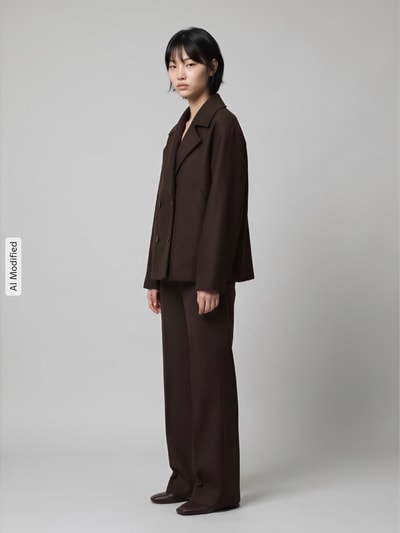 Vrouwenmodel draagt Regular fit lange jas met reverskraag Model 'NANCY' van ONLY, look: effen, fleece, steekzakken, 2-knoopsluiting, langemouwen, Ganzlichaamsaanzicht van voren, KI-modificeerd beeld