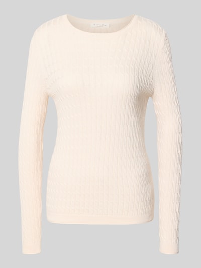Produktfoto, Slim Fit Strickpullover mit Zopfmuster von Christian Berg Woman aus Baumwoll-Mix in Creme, Rundhalsausschnitt, Langarm, gerippte Blende, strukturierte Oberfläche