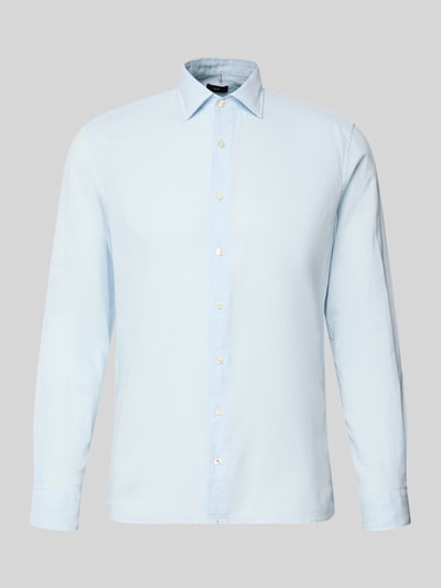 Produktfoto, Slim Fit Freizeithemd aus Leinen-Mix Modell 'Steven' von CINQUE, hellblau, Kentkragen, langärmelig, Knopfleiste, glatte Struktur, Rückenlänge 68 cm, Schulterbreite 42 cm, Ärmellänge 65 cm, Baumwoll-Leinen-Mix