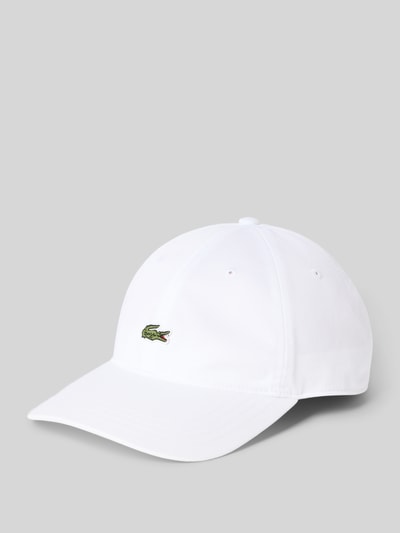 Produktfoto, Basecap aus reiner Baumwolle von Lacoste in weiß, unifarben mit Label Patch, feiner Webstruktur, verstärkter Schirm, Schnallenverschluss