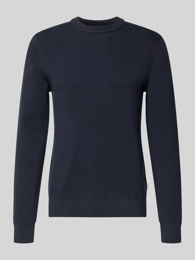 Produktfoto, Relaxed Fit Strickpullover mit Rundhalsausschnitt von Lindbergh, navy, Baumwoll-Mix, Ripp-Optik, schlichte Struktur.