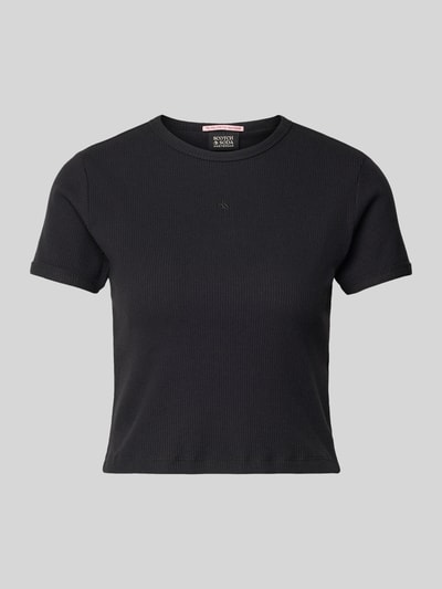 Produktfoto, Cropped T-Shirt mit geripptem Rundhalsausschnitt von Scotch & Soda, schwarz, Baumwoll-Elasthan-Mix, Slim-Fit, glatte Textur