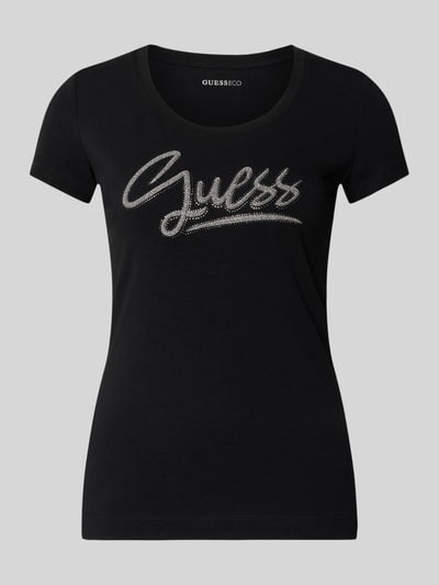 Productfoto, Slim Fit T-shirt met strass-steentjes van Guess, zwarte kleur, katoenmix, logodetail, ronde hals, ruglengte bij maat S 60 cm