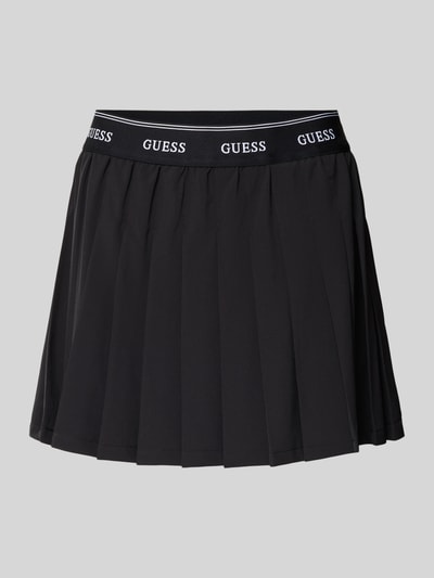 Produktfoto, schwarzer Damen Faltenrock mit elastischem Bund, Modell 'SELENE' von Guess, Minirock, A-Linie, glatte Struktur.