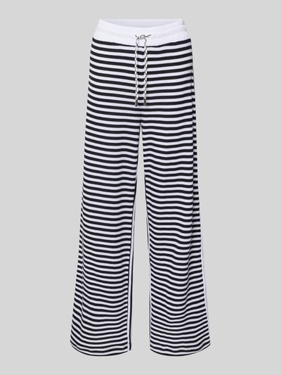Produktfoto, Hose im Allover-Look mit elastischem Bund und Tunnelzug von Marc Cain aus Reine Baumwolle im Strukturmuster, Relaxed-Fit, schwarz-weiße Streifen, Bundweite 38 cm, Innenbeinlänge 79 cm, Damen
