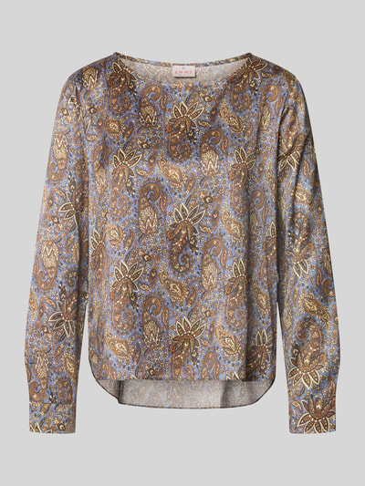 Produktfoto, Blusenshirt aus Satin im Allover-Look Modell 'REGNO' von EMME, krój regular fit, wzór na całej powierzchni, okrągły dekolt, długość tyłu w rozmiarze 36: 63 cm, długość rękawów w rozmiarze 36: 59 cm, odcienie brązu i niebieskiego, delikatna satynowa powierzchnia, kształt prostokątny