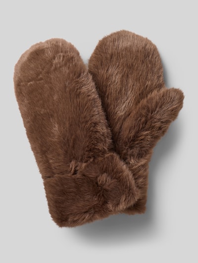 Produktfoto, braune Fäustlinge aus Kunstfell mit flauschiger Textur, Handschuhe aus Kunstfell Modell 'EBNA' von ICHI, Damen Handschuhe