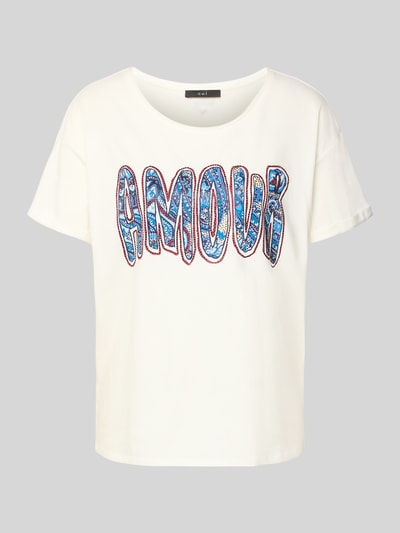Produktfoto, T-Shirt mit Strasssteinbesatz von Oui, biała bawełna, prosty krój, dekolt U, napis, długość tyłu w rozmiarze 36: 60 cm