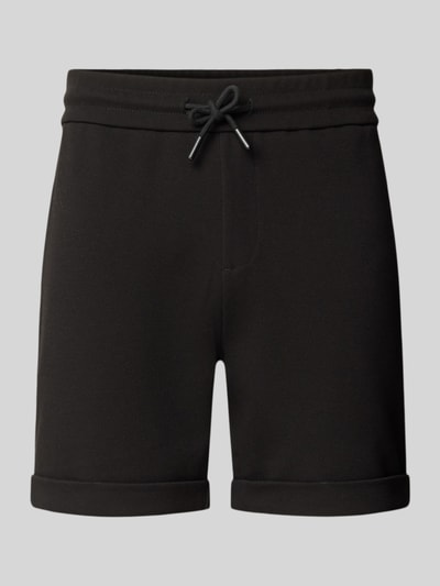 Produktfoto, Regular Fit Shorts mit Viskose-Anteil Modell 'NEWKODYL' von Only & Sons, schwarze Melange-Optik, Nadelstreifen, elastischer Bund, fixierter Umschlag, Eingrifftaschen, Gesäßtasche.