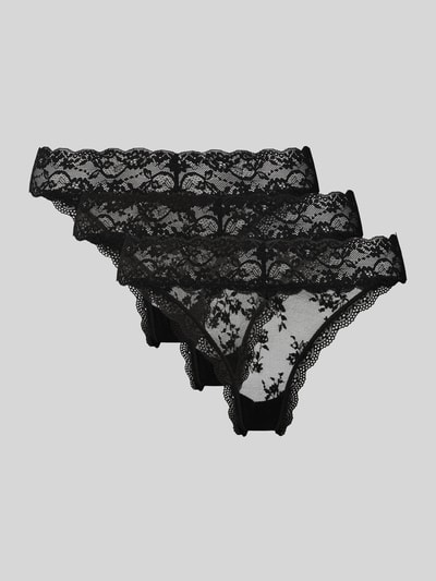 Produktfoto, schwarzer Damen String aus Spitze, Modell 'LANA LACE' im 3er-Pack von DORINA, Material-Mix mit Stretch-Anteil, körpernahe Passform