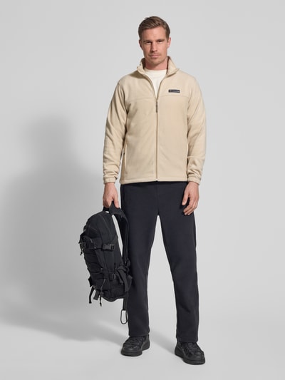 Männermodel trägt Regular Fit Fleecejacke mit Logo-Patch Modell 'Mountain' von COLUMBIA in Beige mit Stehkragen, Reißverschluss und Eingrifftaschen, elastische Ärmelabschlüsse, Rückenlänge 70 cm, Ärmellänge 68 cm, Ganzkörperansicht von vorne.