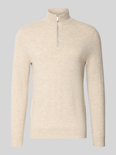 Produktfoto, Jacke aus Baumwoll-Mix in Strick-Optik von Profuomo in Beige, schmale Passform, Stehkragen, 2-Wege-Reißverschluss, gerippte Abschlüsse, Herrenmode