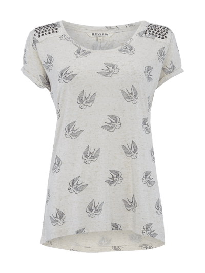 Review Vokuhila Shirt mit Vogel-Print und Ziersteinbesatz Offwhite 1