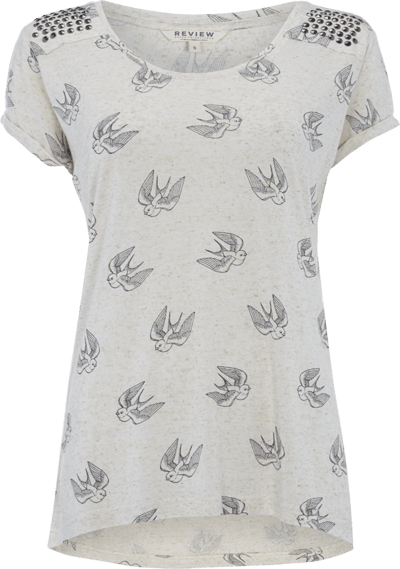 Review Vokuhila Shirt mit Vogel-Print und Ziersteinbesatz Offwhite 5