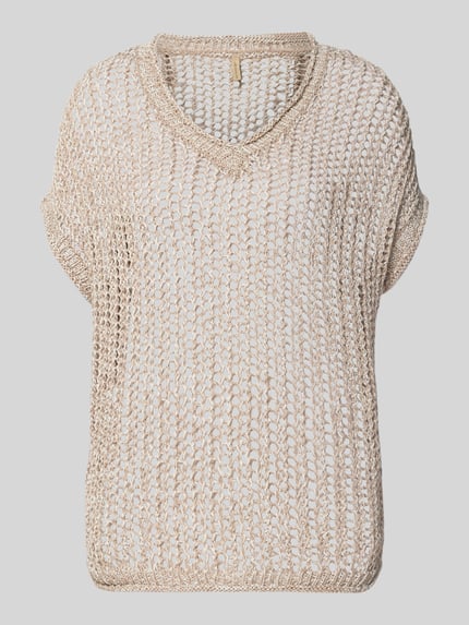 Produktfoto, lichtbeige spencer van katoenmix, relaxed fit, model 'RUDY' van Soyaconcept, V-hals, dames, grof gebreide textuur